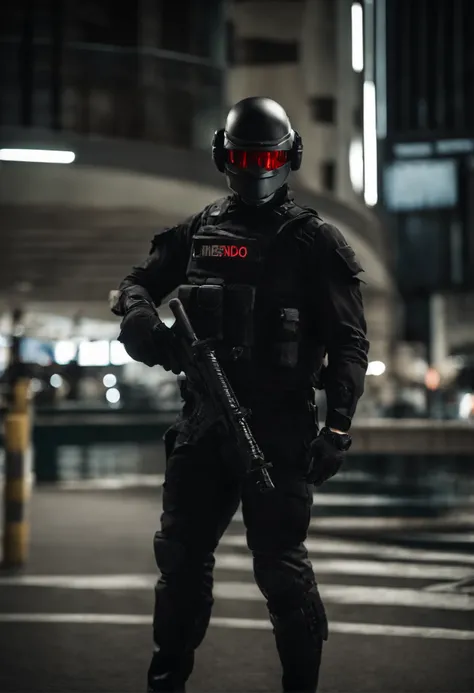 Soldado futurista com um uniforme preto, com capacete preto, with a mask that hides the face, com visor vermelho, distopia, sombrio, corpo inteiro, em uma cidade, realista, ultra realista, fotografia