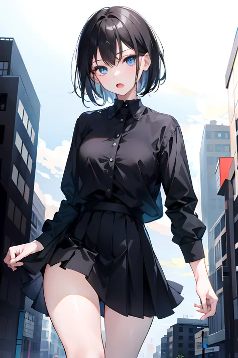 1girl, short black hair, blue eyes, expressive face, open-mouthed, wearing black shirt, short skirt, city, absurdres, high res, ultrasharp, 8K, masterpiece, looking at viewer