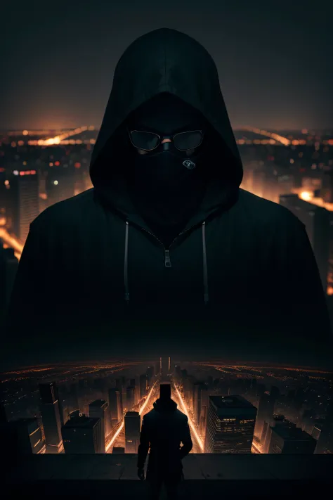 horror, 8k image quality, the hero suffers from a disease caused by daylight, which forces him to wear protective glasses, the silhouette of a man with a hood and a cigarette in his mouth, full shot, facing the viewer, alone in the frame, super details of ...