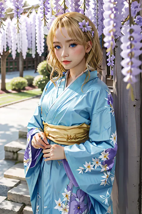 the blonde, blue-eyed loli looked at the wisteria in a gorgeous kimono