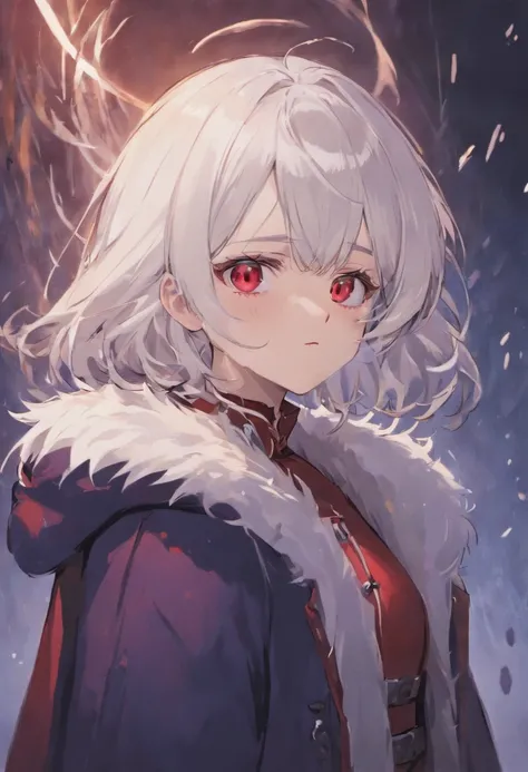 Adult woman, white hair, red eyes, cold , dark blue white fur coat, emotionless face.