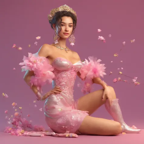 Woman, serious, warrior, armour, elegant, pink dress, aristocratic, silver elements, long nails, bare shoulders, hairstyle, hair up, braid and ponytail, messy, arrogant, absurd, detailed dress, royalty, celebration, hall decorated with flowers, cowboy shot...