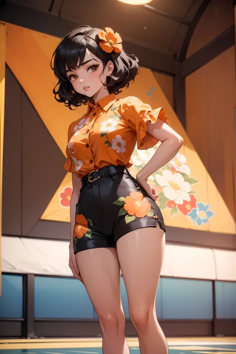 (((Masterpiece))), a top influencer woman, top quality, super detailed, cute and spunky, retro 60s style, fair skin, short curly black hair with flower clips, orange button up crop top transparent floral print sleeves, brown high waist button up shorts, sk...
