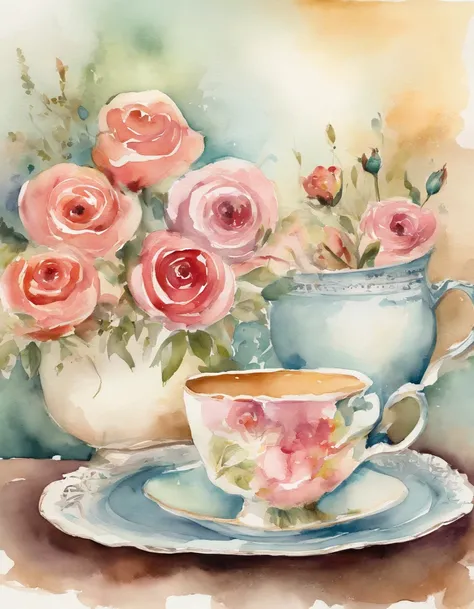 Create an invitation card that captures the essence of a garden tea party. Include watercolor illustrations of blooming roses and vintage teacups. Opt for a soft pastel color palette and cursive fonts.