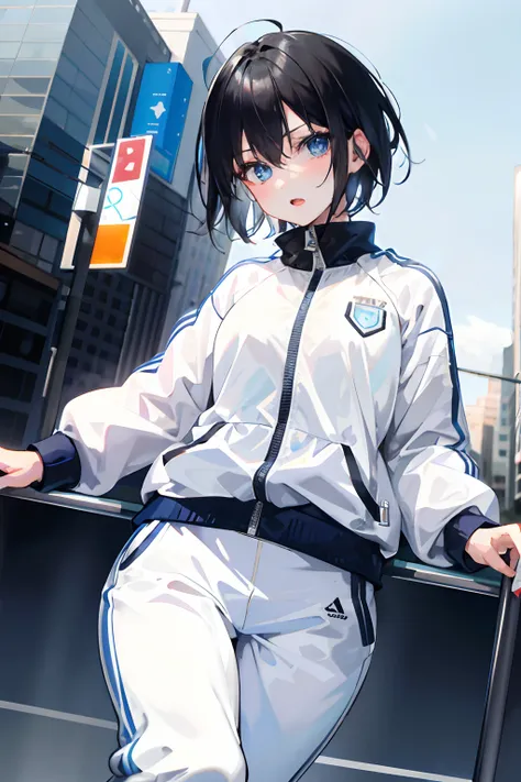 1girl, short black hair, blue eyes, open-mouthed, wearing white tracksuit, city, absurdres, high res, ultrasharp, 8K, masterpiece, looking at viewer