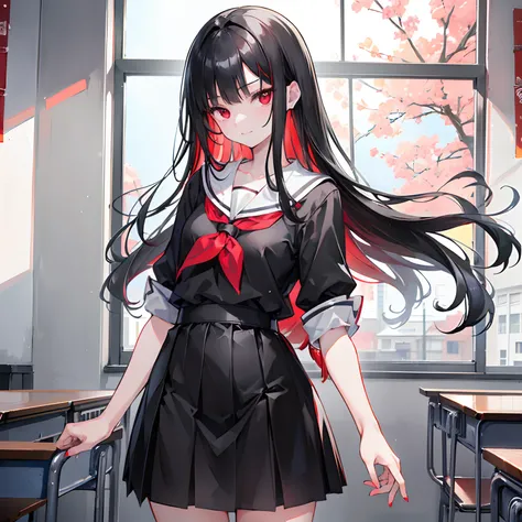 1 girl, slim, beautiful, small, ((long black hair))((Black hair)), ((red eyes)), ((Girl wears Japanese school uniform)), ((classroom)), looking at viewer, smiling warmly, hands behind her back, 8k, masterpiece, ray tracing