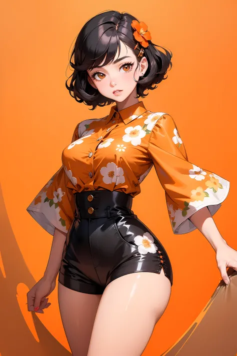 (((Masterpiece))), a top influencer woman, top quality, super detailed, cute and spunky, retro 60s style, fair skin, short curly black hair with flower clips, orange button up crop top transparent floral print sleeves, brown high waist button up shorts, sk...