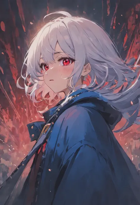 Woman, white hair, red eyes, cold , dark blue fur coat, emotionless face, war.