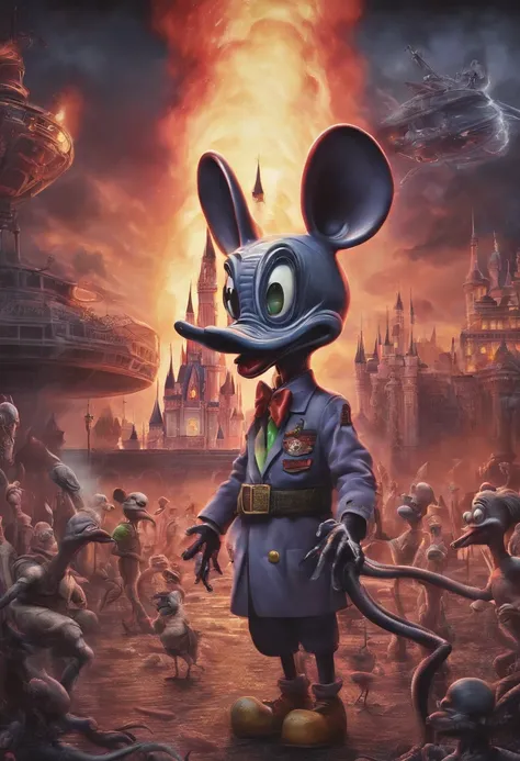 Mickey Mouse, nazi uniform, Donald Duck stabs Mickey mouse, donald wears islamic clothing, zombie flamingos in the background, disney castle burning and destroyed, Adolf Hitler, doing ballet, high detail, photorealism, hyperreal, very detailed background