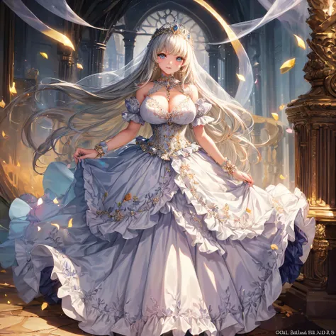 (masterpiece, best quality,extremely detailed:1.1),(moe anime art style:1.2),1girl,full body, ((solo)), cute, kawaii,digital art,((1 bling-bling anime princess wearing beautiful embroidery and jeweled ruffled gorgeous princess ballgown with voluminous full...