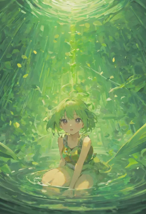 A young girlb，A large water tank，The girl sits in a large water tank，Cute expressions，Stick out your tongue and grin，Green duckweed floats in the tank，Lotus leaf，A lotus blooms on the dogs head