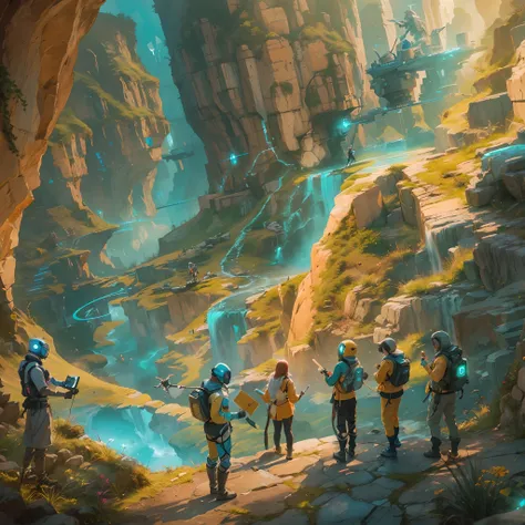 Create a captivating illustration of a team of brilliant scientists adorned in futuristic attire, as they navigate through the mesmerizing landscape of Cybernetic Canyon. Portray them in awe-inspiring poses, engaged in various scientific activities such as...