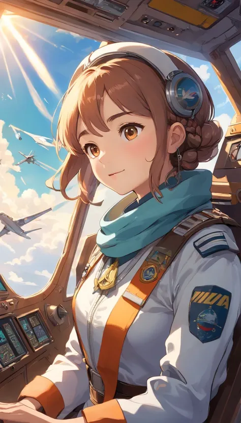 Portrait of a beautiful young pilot  sitting in the cockpit, The pilot wears an Acrisp suit ้ฟรพ side braid มCustom flight suit, Embellished with scarves and patches that represent their experience and expertise.... The pilot wears the captains helmet..., ...