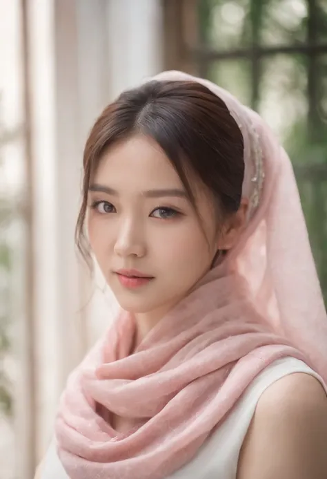 Close-up of a woman wearing a pink scarf and necklace, Soft portrait shot 8 K, gorgeous chinese models, Beautiful oriental woman, beautiful Korean women, Beautiful young Korean woman, Chinese girl, Chinese woman, Beautiful asian woman, Inspired by Huang Ji...