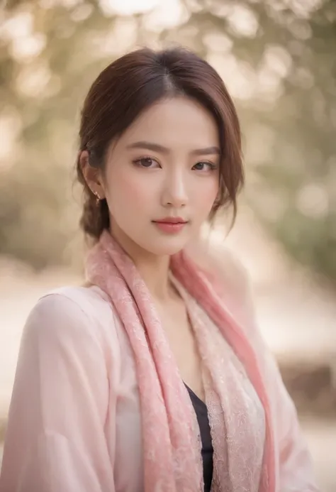 Close-up of a woman wearing a pink scarf and necklace, Soft portrait shot 8 K, gorgeous chinese models, Beautiful oriental woman, beautiful Korean women, Beautiful young Korean woman, Chinese girl, Chinese woman, Beautiful asian woman, Inspired by Huang Ji...