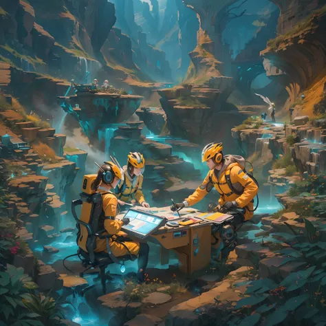 Create a captivating illustration of a team of brilliant scientists adorned in futuristic attire, as they navigate through the mesmerizing landscape of Cybernetic Canyon. Portray them in awe-inspiring poses, engaged in various scientific activities such as...