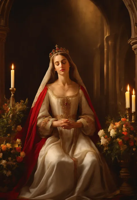 Sacred images of Elizabeth of Hungary in a former Gothic monastery, The saint in ecstasy before the altar, roupas detalhadas com rendas e coroas de flores, soft candle lighting, painting oil on canvas, --ar 16:9 --v 5