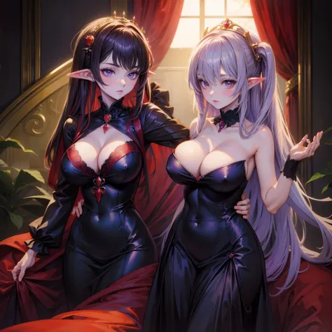 masterpiece, anime style, gorgeous vampir lady in a dark long dress with cleavage, at a underground party, big boobs, pointy ears,