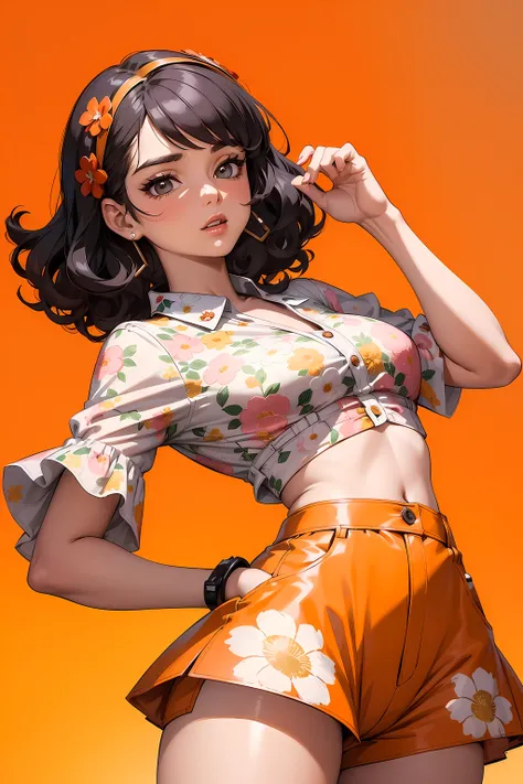 (((Masterpiece))), a top influencer woman, top quality, super detailed, cute and spunky, retro 60s style, fair skin, short curly black hair with flower clips, orange button up crop top transparent floral print sleeves, brown high waist button up shorts, sk...