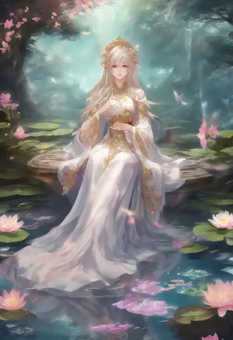 (Best quality,4K,8K,A high resolution,Masterpiece:1.2),Ultra-detailed,(Realistic,Photorealistic,photo-realistic:1.37),anime big breast,Girl sitting on a pond chair,lilies,Palace,A girl dressed in traditional Chinese clothing,gilded lotus princess,Guweiz in...