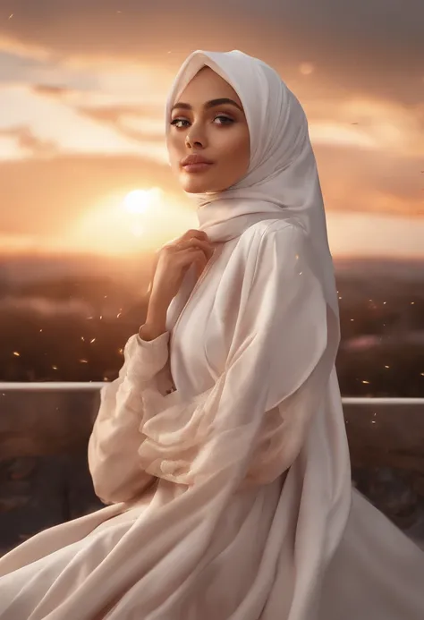 masterpiece, best quality, movie still, 1 malay girl in hijab, cloud girl, floating in the sky, close-up, bright, happy, warm soft lighting, sunset, (sparks:0.7)