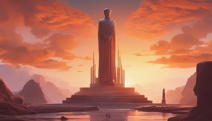 Stuart Lippincott style，God Online，in awe，Light，The sacred world，Huge futuristic statue floating around，Skysky，Awe-inspiring and peaceful，Detailed composition，Subtle geometric elements，refuge，Fresh and soft atmosphere，amber hues，The huge statue is surround...