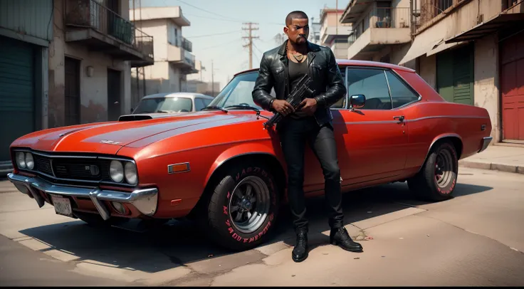 Um Dodge Charge R/T 1970 Theres a man , gta personagem, Como o protagonista de GTA 5, GTA V Estilo, como um personagem de gtav, corte de cabelo red,cabelo red,Kanye West em GTA v, Estilo GTA5, gta v personagem, empunhando fuzil de assalto,rifle in hand ,fu...