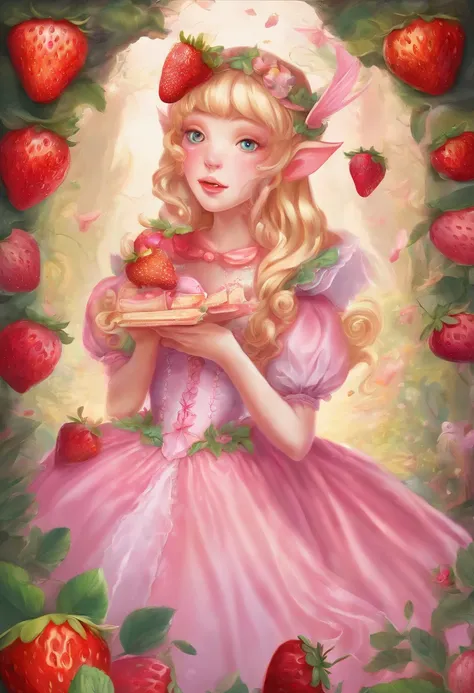 ( Absurd , High quality , Ultra detailed, Masterpiece, concept-art, smooth, high detail artwork, hyperrealistic painting ) , Strawberry shortbread，Strawberry, Pink , cute big breasts , Whole body , Romantic , Vivid