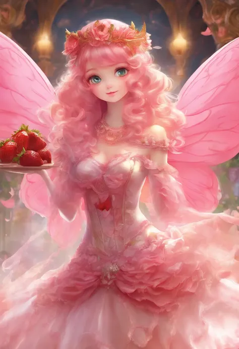 ( Absurd , High quality , Ultra detailed, Masterpiece, concept-art, smooth, high detail artwork, hyperrealistic painting ) , Strawberry shortbread，Strawberry, Pink , cute big breasts , Whole body , Romantic , Vivid