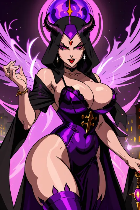 Lisa Ann: The evil nun, Demon horn, Demon wings on the head , sexy robe de nonne, His hands preparing a sphere of purple energy, diabolique, insidieux, His powerful magic hits the buildings of a city , Context of the Satanic Church, detailled eyes, detaile...