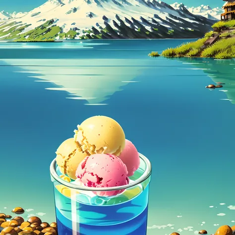 drink with ice cream on top of brightly colored carbonated water --auto