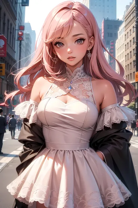(((Masterpiece))), a top influencer woman, top quality, super detailed, cute and spunky, Luxury style, fair skin, long layered hair, baby pink underwired cut out lace dress, New York background