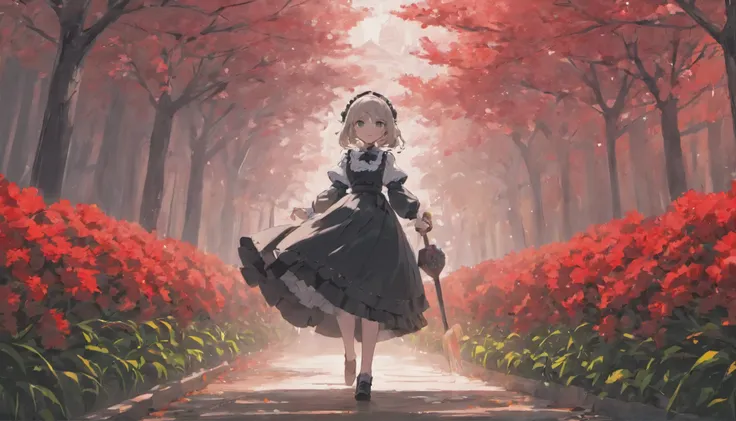 A maid in a black and white Gothic maid costume walks down the path，It is surrounded by a sea of red flowers，She held an umbrella，Back shadow，It shows a visual impact that makes people feel hopeless and lonely