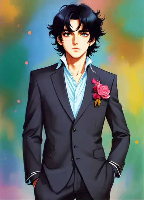 1 Prince，Character based drawing，thick black hair，(Suit、Hairstyles、jewelry)，beatiful eyes，blush，Pastel colors，Retro souls，Anime 1990s，巨作，Best Quality