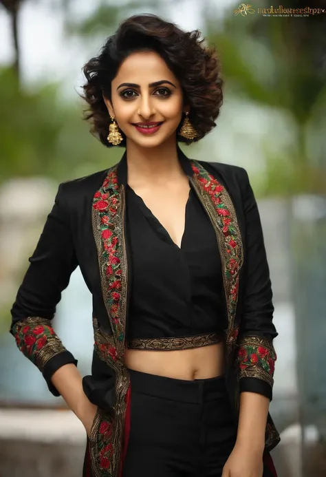 Beautiful Indian actress rakulpreet singh, short curly hair, wearing black blazer,