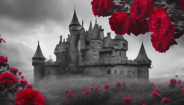 A maid in a black and white Gothic maid costume walks down the path，She was surrounded by a sea of red flowers，She held an umbrella，Back shadow，It shows visual impact，It makes people feel hopeless and lonely，The sky was filled with gray mist，