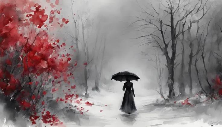 A maid dressed in a black and white Gothic maid costume walks down the path，She was surrounded by a sea of red flowers，She held an umbrella，Back shadow，It shows visual impact，It makes people feel hopeless and lonely，The sky was filled with gray mist，