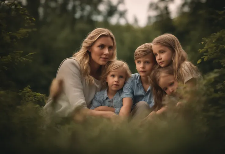 FATHER, MOTHER AND CHILDREN IN NATURE, intricate details, HDR, beautifully shot, realistic, sharp focus, 64 megapixels, perfect composition, high contrast, cinematic, 8K, CAUCASIAN, GOLDEN HAIR, BLUE EYES, FAMILY