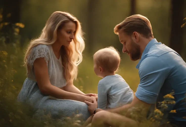 FATHER, MOTHER AND CHILDREN IN NATURE, intricate details, HDR, beautifully shot, realistic, sharp focus, 64 megapixels, perfect composition, high contrast, cinematic, 8K, CAUCASIAN, GOLDEN HAIR, BLUE EYES, FAMILY