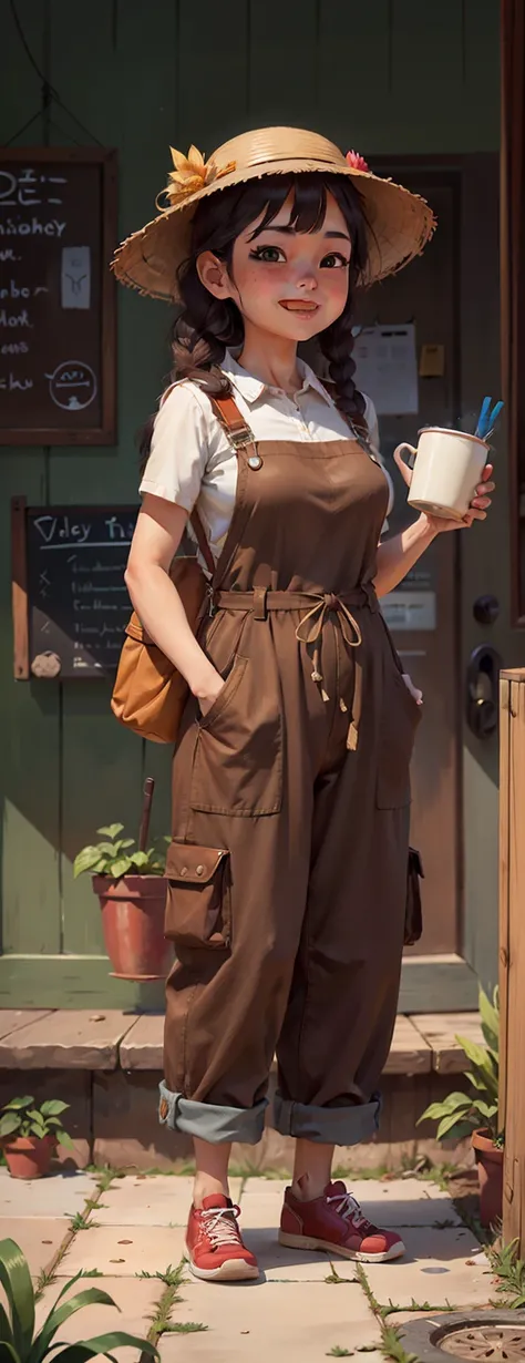 Beautiful girl with two braids standing on the sidewalk with a conical hat and a cup of Vietnamese coffee in her hand, cheerful eyes, loving life, cheerful, natural smile, beautiful, overalls, leather apron, milk and mocha style, brown clothes, cute big po...