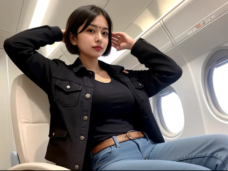 Indian girl walking in the plane, looking away, sitting on the seat patiently,  having medium boobs size, wearing black jeans and a black jacket, holding an iPhone 14, and having medium body covered in clothes, (Short hair) hair, age 30, no skin visible, b...