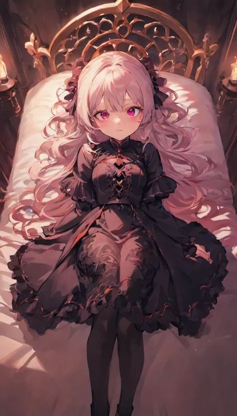 A girl lying in bed，Wearing a black gothic maxi dress，Complex patterns，white color hair，red color eyes，Staring angrily at the screen