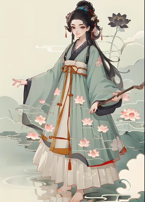 ((4k,masterpiece,best quality)), shuimobysim, traditional chinese ink painting, lotus, hanfu, maxiskit, dress conservatively 1girl, solo, long blue hair, smile, standing, feet in the water, barefoot,