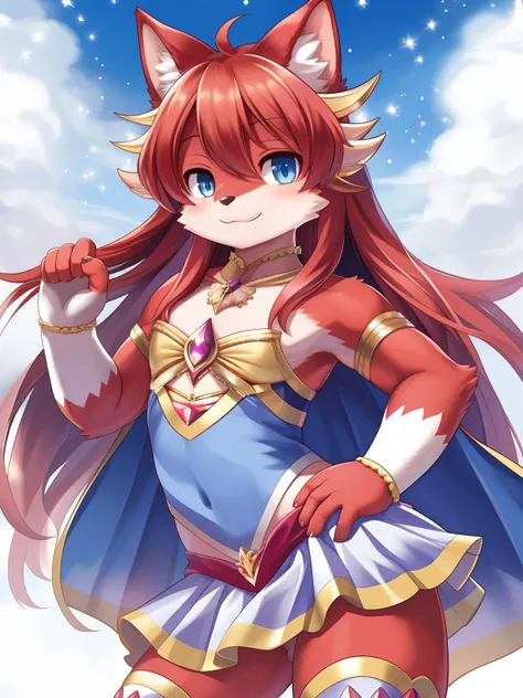 masterpiece, soft shading, 1boy, Furry, kemono, furry cat, anthropomorphic, male, red fur, red skin, blue eyes, magical girl theme, long hair, revealing clothes, magical girl outfit, magical girl dress, femboy, sexy pose, uploaded on e621,