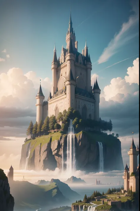 Huge castles and skyscrapers floating in the sky Cyberpunk Isekai Fantasy Top Quality Ultra High Definition Utopia 8K Giant Waterfall Mother Nature