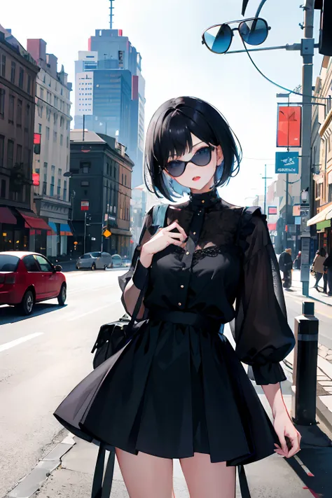 1girl, short black hair, blue eyes, wearing blouse, wearing sunglasses, open-mouthed, city, absurdres, high res, ultrasharp, 8K, masterpiece, looking at viewer