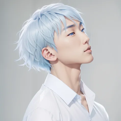 Super detailed photo,korean guy (asian boy), realistic photograph,handsome korean guy, greyish blue hair,sharp eyes, perfect ide profile,neon, lighting,glowing skin,chinese style