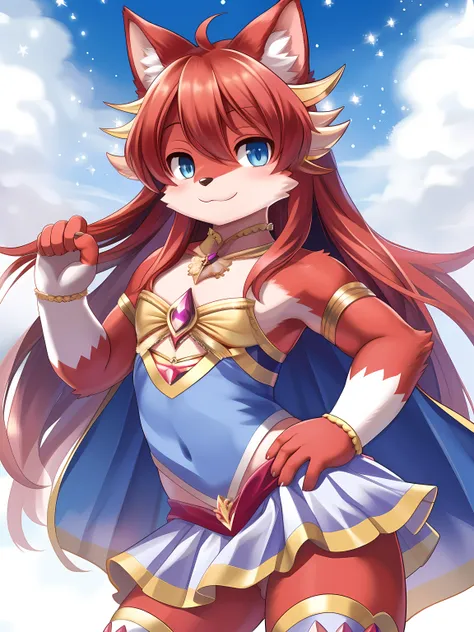 masterpiece, soft shading, 1boy, Furry, kemono, furry cat, anthropomorphic, male, red fur, red skin, blue eyes, magical girl theme, long hair, revealing clothes, magical girl outfit, magical girl dress, femboy, sexy pose, uploaded on e621,