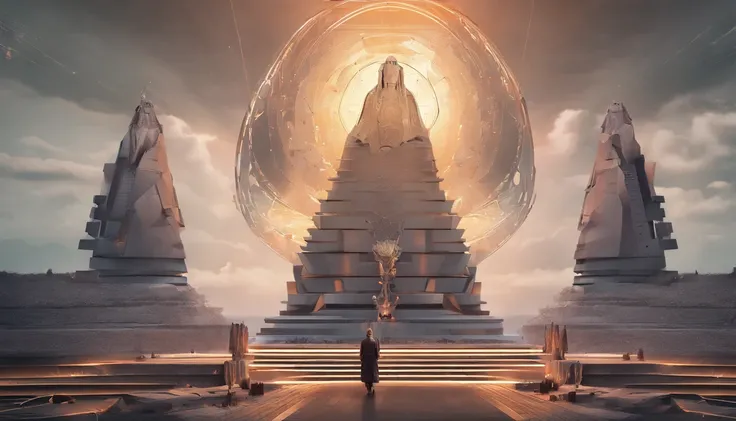 Stuart Lippincott style，God Online，in awe，Light，The sacred world，Floating huge futuristic statues，Skysky，Awe-inspiring and peaceful，Detailed composition，Subtle geometric elements，refuge，Fresh and soft atmosphere，amber hues，A huge statue surrounded by villa...