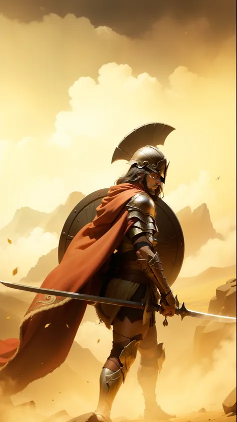 spartan warrior in armor holding his sword and shield